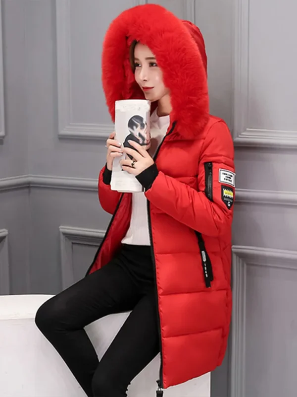 Women Winter Fur Collar Hooded Parka Fashion Letter Patch Zipper Pockets Design Long Jacket Elegant Slim Warm Thick Female Coats - AliExpress 200000345 - Image 6