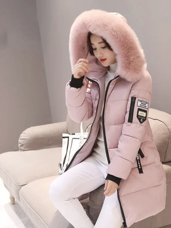 Women Winter Fur Collar Hooded Parka Fashion Letter Patch Zipper Pockets Design Long Jacket Elegant Slim Warm Thick Female Coats - AliExpress 200000345