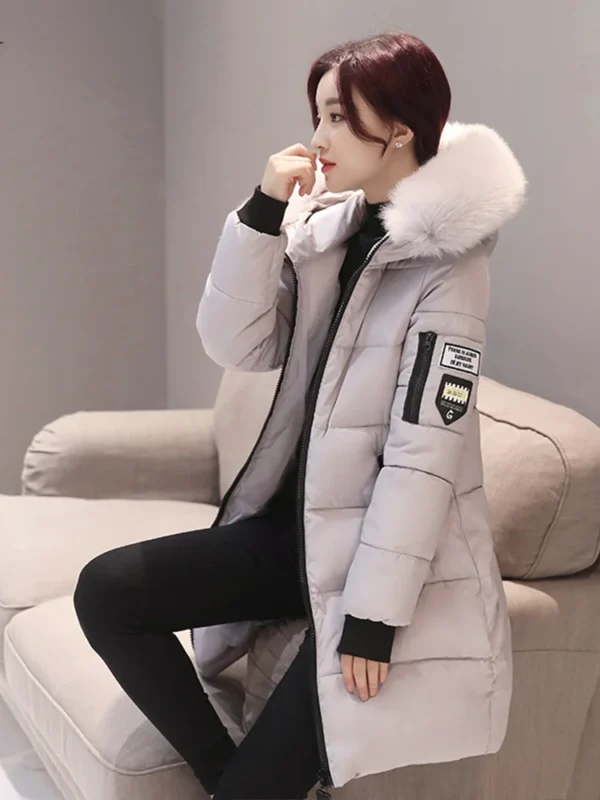 Women Winter Fur Collar Hooded Parka Fashion Letter Patch Zipper Pockets Design Long Jacket Elegant Slim Warm Thick Female Coats - AliExpress 200000345 - Image 5