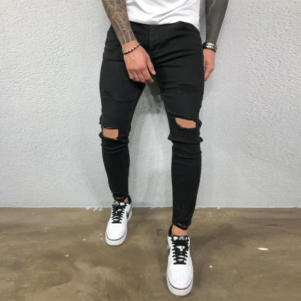 Men Jeans Knee Hole Ripped Stretch Skinny Denim Pants Solid Color Black Blue Autumn Summer Hip-Hop Style Slim Fit Trousers S-4XL - AliExpress - Image 4