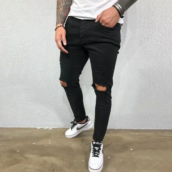 Men Jeans Knee Hole Ripped Stretch Skinny Denim Pants Solid Color Black Blue Autumn Summer Hip-Hop Style Slim Fit Trousers S-4XL - AliExpress - Image 5