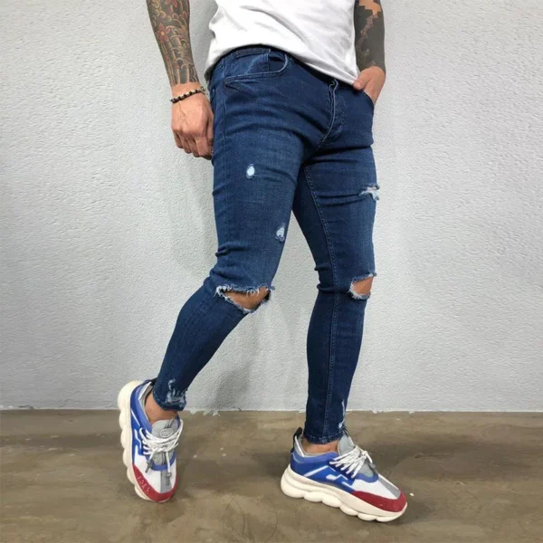 Men Jeans Knee Hole Ripped Stretch Skinny Denim Pants Solid Color Black Blue Autumn Summer Hip-Hop Style Slim Fit Trousers S-4XL - AliExpress - Image 3