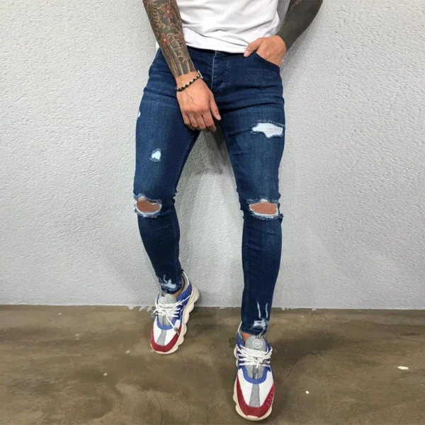 Men Jeans Knee Hole Ripped Stretch Skinny Denim Pants Solid Color Black Blue Autumn Summer Hip-Hop Style Slim Fit Trousers S-4XL - AliExpress - Image 2