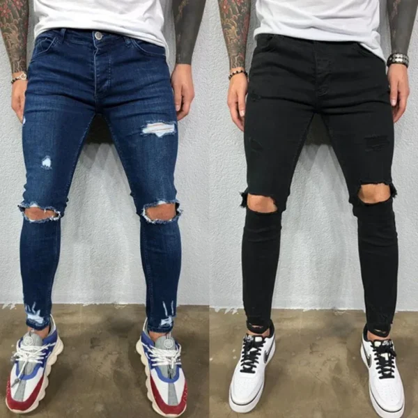 Men Jeans Knee Hole Ripped Stretch Skinny Denim Pants Solid Color Black Blue Autumn Summer Hip-Hop Style Slim Fit Trousers S-4XL - AliExpress