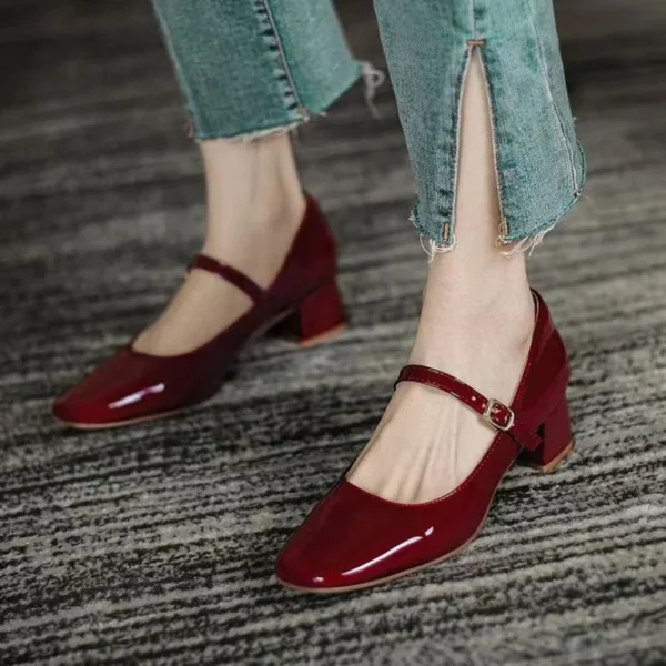 2023 Summer New Square Head Solid Color Large Shallow Mouth Flat Button Strap Bright Leather Face Women's High Heel Single Shoes - AliExpress 322 - Image 3