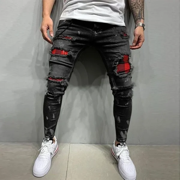 New Men's Skinny Ripped Jeans Fashion Grid Hole Endothecium Patches Slim Fit Stretch Casual Denim Pencil Pants Jogging Trousers - AliExpress 200000343 - Image 4