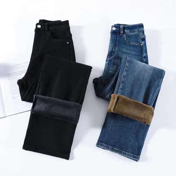 Winter Thickened Women's Mink Velvet Jeans Loose Straight Warm Soft Fleece Fashion Elastic High Waist Female Pants Black Blue - AliExpress 200000345 - Image 6