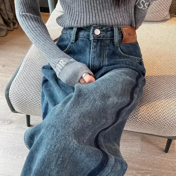 2024 Autumn Winter New Fleece-Lined Color Blocking Jeans Women's High-Waisted Straight-Leg Loose-Fit Slimming Thickened Dad Pant - AliExpress 200000345 - Image 3