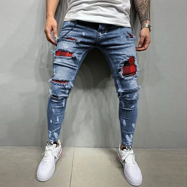 New Men's Skinny Ripped Jeans Fashion Grid Hole Endothecium Patches Slim Fit Stretch Casual Denim Pencil Pants Jogging Trousers - AliExpress 200000343 - Image 5