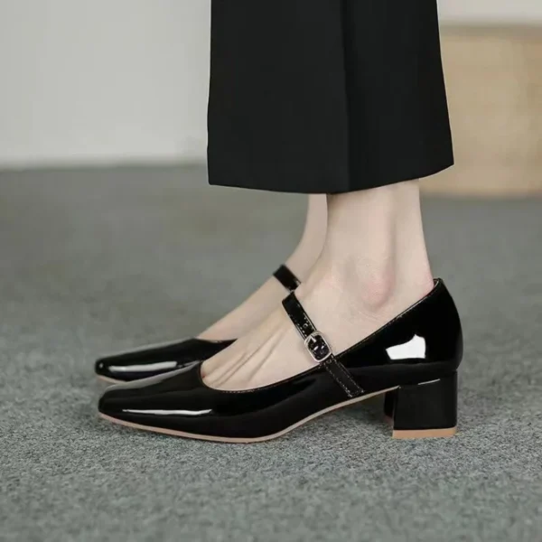 2023 Summer New Square Head Solid Color Large Shallow Mouth Flat Button Strap Bright Leather Face Women's High Heel Single Shoes - AliExpress 322 - Image 5