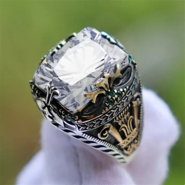 Retro Handmade Turkish Signet Rings for Men Ancient Silver Color Carved Ring Mystic Zircon Inlay New Punk Motor Biker Ring - Image 5