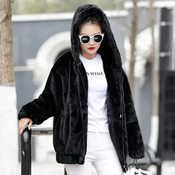 Flannel Hooded Jacket Women's Medium-length Winter New Style Korean Version Loose-fit Fleece-lined Short Jacket Warm Long Sleeve - Image 5