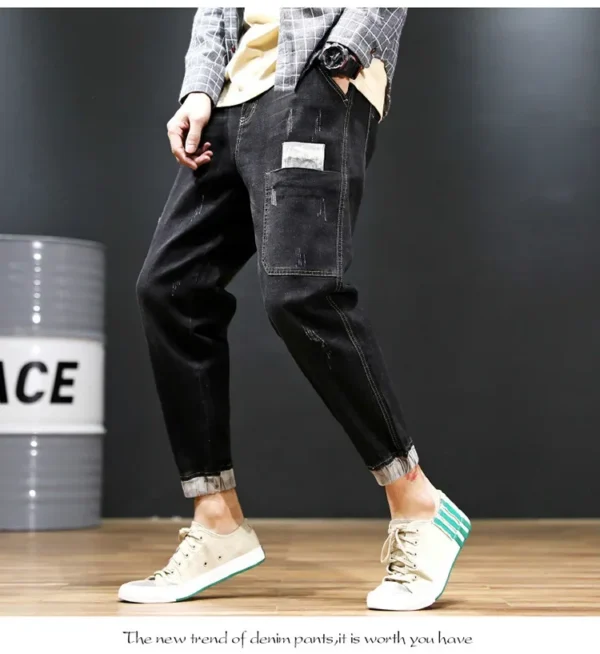 2022 New Spring Autumn Trendy Korean Style Men's Jeans With Hole Plus Size Mid Waist Slim Fit Cropped Pants Casual Scene - AliExpress 200000343 - Image 4