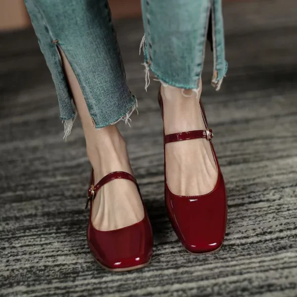 2023 Summer New Square Head Solid Color Large Shallow Mouth Flat Button Strap Bright Leather Face Women's High Heel Single Shoes - AliExpress 322 - Image 2