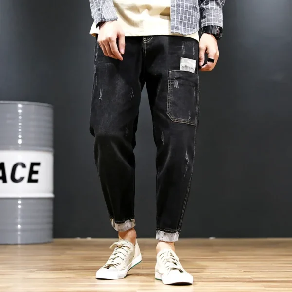 2022 New Spring Autumn Trendy Korean Style Men's Jeans With Hole Plus Size Mid Waist Slim Fit Cropped Pants Casual Scene - AliExpress 200000343 - Image 3