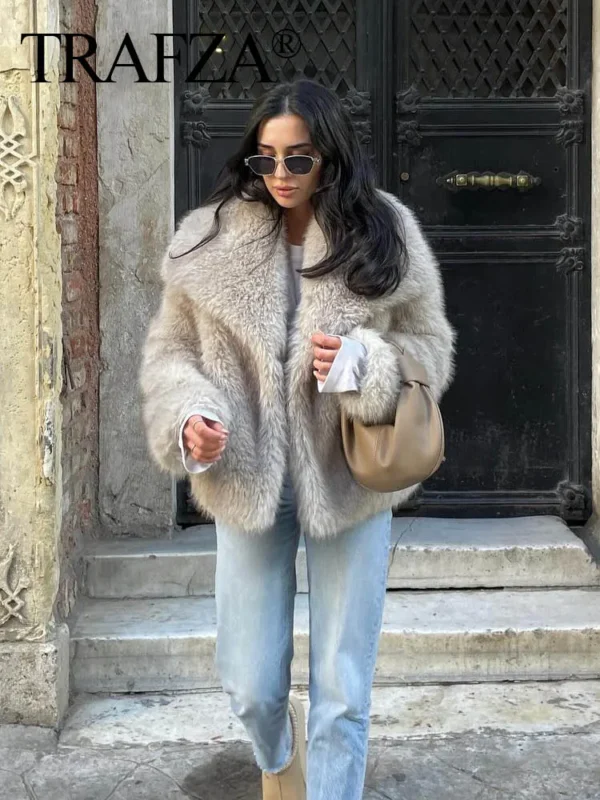 TRAF 2024 Women Fashion Cropped Faux Fur Jacket Coat Long Sleeve Front Snap-button Female Outerwear Chic Lapel Collar Thick Coat - AliExpress 200000345 - Image 5