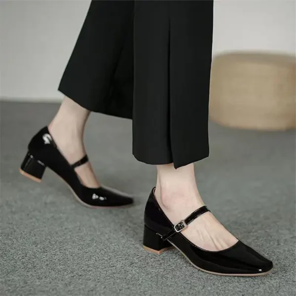 2023 Summer New Square Head Solid Color Large Shallow Mouth Flat Button Strap Bright Leather Face Women's High Heel Single Shoes - AliExpress 322 - Image 4