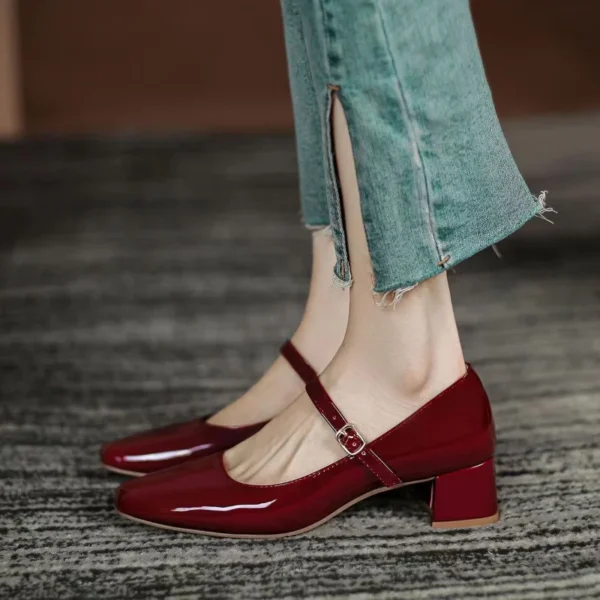 2023 Summer New Square Head Solid Color Large Shallow Mouth Flat Button Strap Bright Leather Face Women's High Heel Single Shoes - AliExpress 322