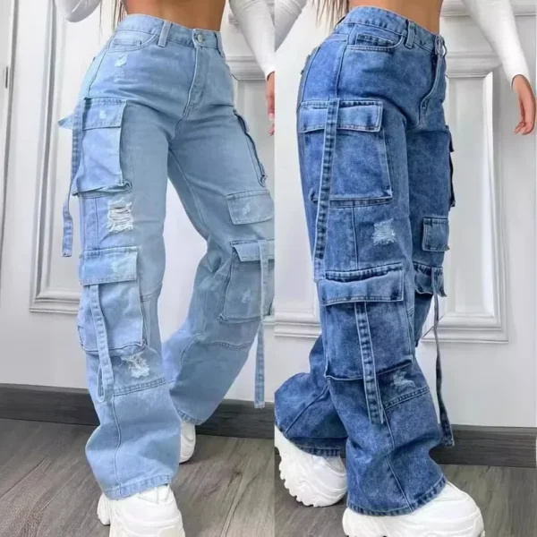 Women Denim Trousers Fashionable Solid Color Versatile Multi-pocket Casual Pants Ladies Large Size High Waist Denim 2025 - AliExpress