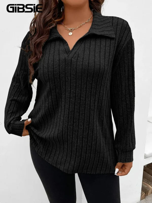 GIBSIE Plus Size Tshirt for Women Spring Fall Polo Collar Long Sleeve T-Shirt Female Casual Ribbed Knit Solid Tee Tops 2023 - AliExpress 200000345 - Image 6