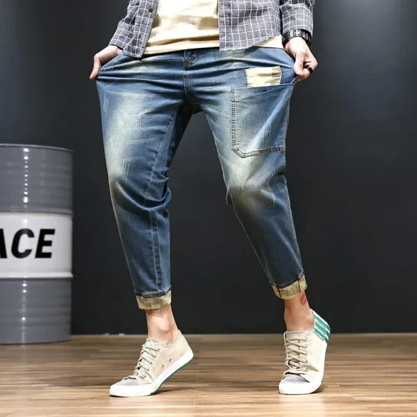 2022 New Spring Autumn Trendy Korean Style Men's Jeans With Hole Plus Size Mid Waist Slim Fit Cropped Pants Casual Scene - AliExpress 200000343 - Image 2