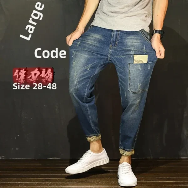 2022 New Spring Autumn Trendy Korean Style Men's Jeans With Hole Plus Size Mid Waist Slim Fit Cropped Pants Casual Scene - AliExpress 200000343