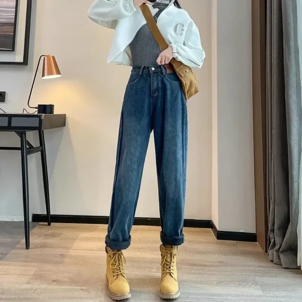 2024 Autumn Winter New Fleece-Lined Color Blocking Jeans Women's High-Waisted Straight-Leg Loose-Fit Slimming Thickened Dad Pant - AliExpress 200000345 - Image 4