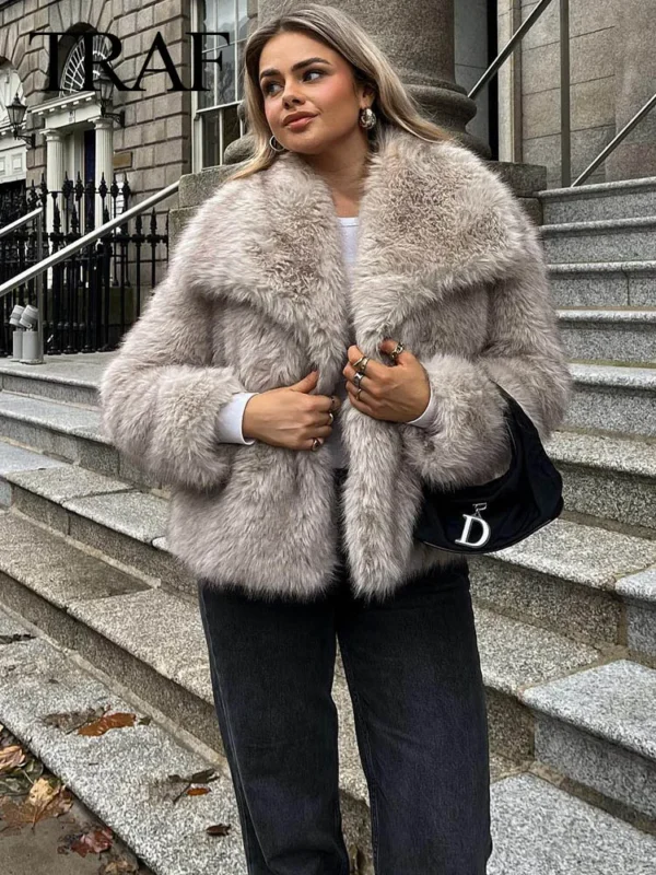 TRAF 2024 Women Fashion Cropped Faux Fur Jacket Coat Long Sleeve Front Snap-button Female Outerwear Chic Lapel Collar Thick Coat - AliExpress 200000345