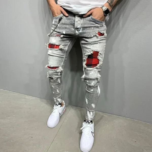 New Men's Skinny Ripped Jeans Fashion Grid Hole Endothecium Patches Slim Fit Stretch Casual Denim Pencil Pants Jogging Trousers - AliExpress 200000343