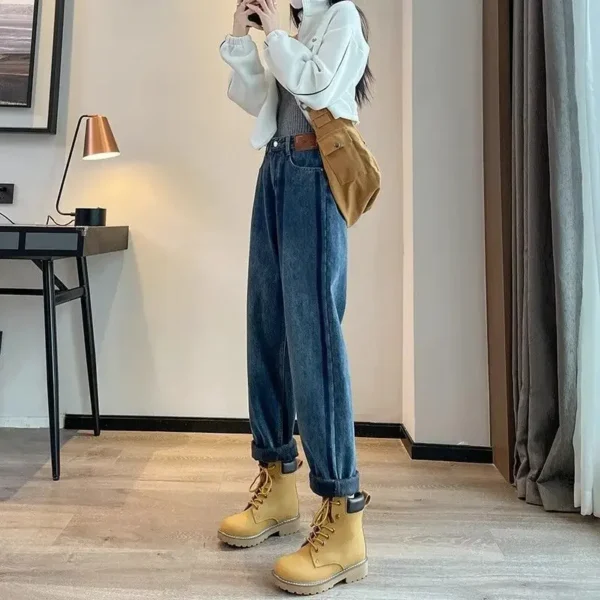 2024 Autumn Winter New Fleece-Lined Color Blocking Jeans Women's High-Waisted Straight-Leg Loose-Fit Slimming Thickened Dad Pant - AliExpress 200000345 - Image 5